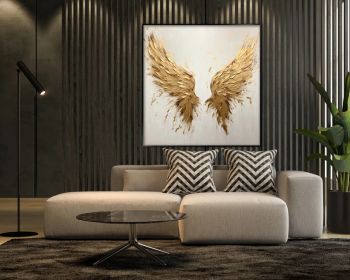 Golden Wings 100% Handmade Angel Wing Gold and White Modern Textured Painting Acrylic Abstract Oil Painting Wall Decor Living Room (style: 01, size: 140x140cm)