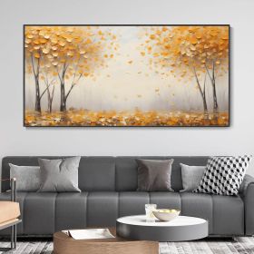 Hand Painted Large Original Golden Forest Landscape Oil Painting Autumn Yellow Tree Fallen Leaves Wall Art Morning Fog Woods Modern Texture Home Decor (style: 01, size: 80x160cm)