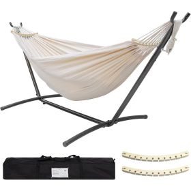 Double Hammock with Stand Included 450lb Capacity Steel Stand, Premium Carry Bag Included and Two Anti Roll Balance Beam (Color: Beige Cotton)