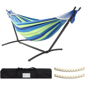 Double Hammock with Stand Included 450lb Capacity Steel Stand, Premium Carry Bag Included and Two Anti Roll Balance Beam (Color: Green Cotton)