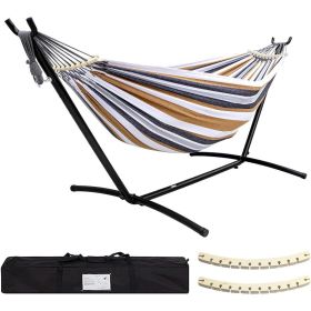 Double Hammock with Stand Included 450lb Capacity Steel Stand, Premium Carry Bag Included and Two Anti Roll Balance Beam (Color: Coffee Cotton)